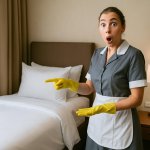 a room service woman points to the bed in a surprised facial exp