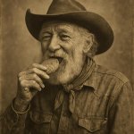 Old cowboy eating a cookie