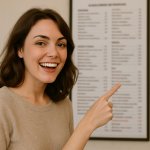 Woman pointing at blurry menu