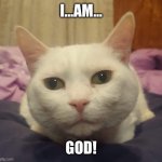 Judgmental Deaf Cat Snowball | I…AM…; GOD! | image tagged in judgmental deaf cat snowball | made w/ Imgflip meme maker