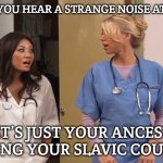Slavic Hospital | WHEN YOU HEAR A STRANGE NOISE AT NIGHT; BUT IT’S JUST YOUR ANCESTORS TESTING YOUR SLAVIC COURAGE | image tagged in slavic hospital,slavic lives matter,slavic courage | made w/ Imgflip meme maker