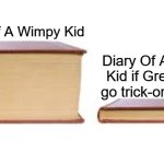 or if he went to sleep when he left manny | Diary Of A Wimpy Kid; Diary Of A Wimpy Kid if Greg didn't go trick-or-treating | image tagged in big book small book,diary of a wimpy kid | made w/ Imgflip meme maker