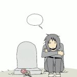 Person sitting next to tombstone