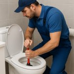 Plumber plunging toilet