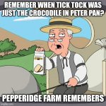 Creative Image Title | REMEMBER WHEN TICK TOCK WAS JUST THE CROCODILE IN PETER PAN? PEPPERIDGE FARM REMEMBERS | image tagged in memes,pepperidge farm remembers,peter pan,tiktok | made w/ Imgflip meme maker