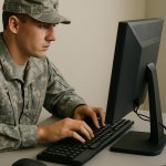 Soldier typing on computer