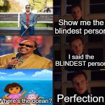 We all know that one blind person... | Show me the blindest person; I said the BLINDEST person; Perfection; Where's the ocean? | image tagged in perfection,blind,dora the explorer,lol,accurate | made w/ Imgflip meme maker