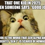 A JOB | THAT ONE KID IN 2025 WHEN SOMEONE SAYS "GOOD JOB!"; (JOB IS THE WORD THAT GEN ALPHA AND APPARENTLY "GEN Z" IS SCARED OF NOWADAYS) | image tagged in memes,scared cat | made w/ Imgflip meme maker