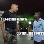 The Rock and Kevin Hart | PAYRAM SELF-HOSTED GATEWAY; CENTRALIZED PROCESSORS | image tagged in the rock and kevin hart | made w/ Imgflip meme maker