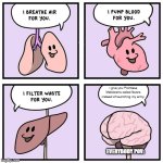 organs and brain | I give you Pointless Meltdowns called fevers instead of launching my army. EVERYBODY POV: | image tagged in organs and brain | made w/ Imgflip meme maker
