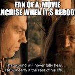 Fans When the Reboot Comes | FAN OF A  MOVIE FRANCHISE WHEN IT'S REBOOTED | image tagged in that wound will never fully heal,reboot,fans,tragedy,loss,hollywood | made w/ Imgflip meme maker