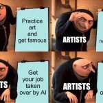 Artists rn are panicking | Practice art and get famous; Sell art to make money; ARTISTS; ARTISTS; Get your job taken over by AI; Get your job taken over by AI; ARTISTS; ARTISTS | image tagged in memes,gru's plan | made w/ Imgflip meme maker