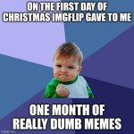 Catt Christmas 1/25 | ON THE FIRST DAY OF CHRISTMAS IMGFLIP GAVE TO ME; ONE MONTH OF REALLY DUMB MEMES | image tagged in memes,success kid | made w/ Imgflip meme maker