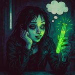 A girl looking tired until she looks at a test tube and her eyes