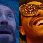 Willem Dafoe looking up in terror next to happy pal