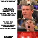 Capitalism vs Socialism | "BILLIONAIRE WEALTH GREW BY $2 TRILLION IN 2024 ALONE—THREE TIMES FASTER THAN THE PREVIOUS YEAR."; "SINCE 2020, THE WORLD'S 5 RICHEST MEN DOUBLED THEIR FORTUNES... WHILE 5 BILLION PEOPLE BECAME POORER."; "WE ARE ON TRACK FOR THE FIRST TRILLIONAIRE IN 10 YEARS... BUT POVERTY WON'T END FOR ANOTHER 230 YEARS."; "60% OF BILLIONAIRE WEALTH IS 'TAKEN, NOT EARNED'—DERIVED FROM INHERITANCE, MONOPOLY POWER, OR CRONYISM." | image tagged in mr mcmahon reaction | made w/ Imgflip meme maker