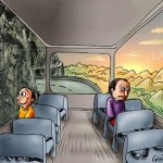 Two guys on a bus inverted (happy at wall, sad at sun)