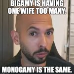 Oscar Wilde quotes hit differently when Andrew Tate says them | BIGAMY IS HAVING ONE WIFE TOO MANY. MONOGAMY IS THE SAME. | image tagged in andrew tate no bitches,oscar wilde,incel,no homo,marriage | made w/ Imgflip meme maker