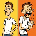 A scrawny man with a confident smirk in one photo. The same scra