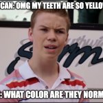 nice title :D | AMERICAN: OMG MY TEETH ARE SO YELLOW EW! BRITS: WHAT COLOR ARE THEY NORMALLY? | image tagged in you guys are getting paid | made w/ Imgflip meme maker
