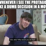 But why though | ME, WHENEVER I SEE THE PROTAGONIST MAKE A DUMB DECISION IN A MOVIE: | image tagged in but why though | made w/ Imgflip meme maker