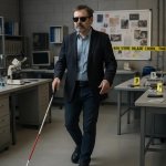 blind man with cane in crime lab