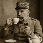 französischer General Erster Weltkrieg trinkt Tee und raucht Pfe