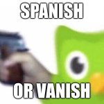 duolingo gun | SPANISH; OR VANISH | image tagged in duolingo gun | made w/ Imgflip meme maker