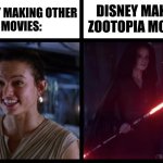 Zootopia is darker than their other movies (no I haven't seen Zootopia 2 yet) | DISNEY MAKING ZOOTOPIA MOVIES:; DISNEY MAKING OTHER
MOVIES: | image tagged in rey happy evil | made w/ Imgflip meme maker