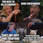 4 views | GODS EVERYWHERE; YOU NEED TO GO TO CHURCH; CAN'T WE JUST LOVE EVERYONE; "BELIEVE ON THE LORD JESUS CHRIST, AND THOU SHALT BE SAVED' (ACTS 16:31) | image tagged in four panel taylor armstrong pauly d callmecarson cat | made w/ Imgflip meme maker