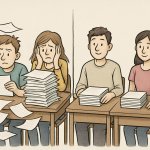 on the left students with a lot of paper work and on the right s