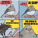 The ones who can't tell what's AI and what isn't | THAT VIDEO WAS REALLY WELL EDITED; AI SLOP; THE EDITOR SURE DID A GREAT JO-; THEY DEFINITELY USED AI; THE VIDEO IS EDITED WITH AI | image tagged in annoyed bird,ai meme | made w/ Imgflip meme maker
