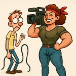weak guy with a cable in his hand and a strong camera woman