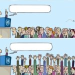 Crowd Raising Hands Meme Reversed