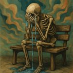 skeleton sitting on a bench crying