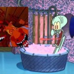 Rocko, Heffer and Bev as devils/demons scare poor Squidward | image tagged in who dropped by squidward's house,rocko's modern life,nightmare fuel | made w/ Imgflip meme maker