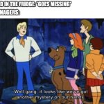 lowkey, we gotta get sherlock holmes on this case | FOOD IN THE FRIDGE: *GOES MISSING*; TEENAGERS: | image tagged in we ve got another mystery,yummy | made w/ Imgflip meme maker
