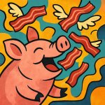 A pig eating flying bacon