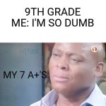 Ok then | 9TH GRADE ME: I'M SO DUMB; MY 7 A+'S: | image tagged in am i a joke to you,grades,old | made w/ Imgflip meme maker