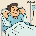 a patient is laying in a hospitalbed chilling with both hands be