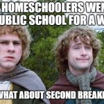 Second Breakfast | IF HOMESCHOOLERS WENT TO PUBLIC SCHOOL FOR A WEEK:; BUT WHAT ABOUT SECOND BREAKFAST? | image tagged in second breakfast | made w/ Imgflip meme maker