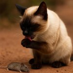Cute cat (siamese) clean itself after killing a mouse