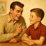 father speaking to his 10 year old son, style of sweet pictures