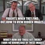 idk | PARENTS WHEN THEY FIND OUT HOW TO VIEW HIDDEN IMAGES; WHAT? HOW DID THOSE GET THERE? I HAVE NO KNOWLEDGE OF THESE IMAGES | image tagged in what would you say you do here | made w/ Imgflip meme maker