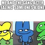 BFB Smug | ME AND THE GANG AFTER STEALING  SOMEONES KIDNEYS | image tagged in bfb smug | made w/ Imgflip meme maker