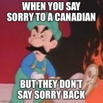 Hold up | WHEN YOU SAY SORRY TO A CANADIAN; BUT THEY DON’T SAY SORRY BACK | image tagged in wait what,canada,politics,funny,wholesome,america | made w/ Imgflip meme maker