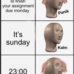 finishing assignments last minute be like | You forgot to finish your assignment due Monday; It’s sunday; 23:00 | image tagged in memes,panik kalm panik,school,last minute,finished | made w/ Imgflip meme maker
