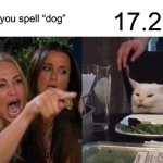 17.2 | how do you spell “dog”; 17.2 | image tagged in memes,woman yelling at cat,cats,funny,dogs,17 point 2 | made w/ Imgflip meme maker