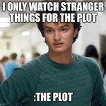 Steve Stranger Things | I ONLY WATCH STRANGER THINGS FOR THE PLOT; :THE PLOT | image tagged in steve stranger things | made w/ Imgflip meme maker