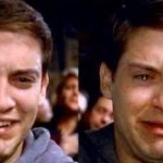 Reversed Peter Parker smiling and crying